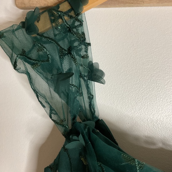 Dessy Collection Off-Shoulder A-Line 3D Floral Embroidered Evergreen Maxi Dress - Picture 6 of 11